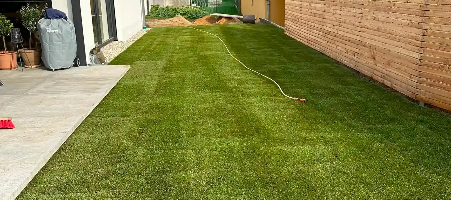 Frisch gemähte Rasenfläche mit sichtbaren Schnittstreifen zwischen Terrasse und Holzzaun
